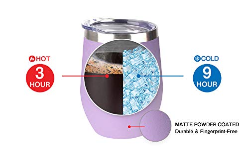 12Oz Wine Mug Stainless Steel Tumbler Vacuum Double Wall Insulation Glass Stemless Coffee Lid Gift Straw Travel Bottle Cocktail Large Walled Unbreakable Water Ice Champagne Cold Beer Drink (Lavender) #TOP3