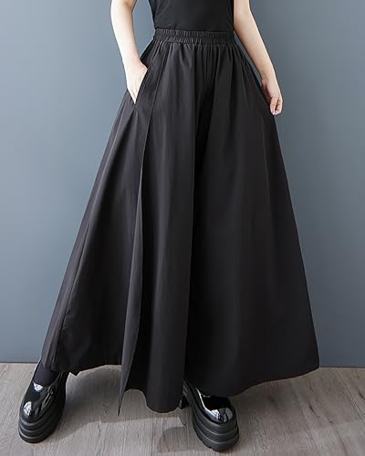ellazhu Women's Pants Elastic Waist Two Side Pockets Solid Wide Leg Casual Loose Maxi GZ445 A4