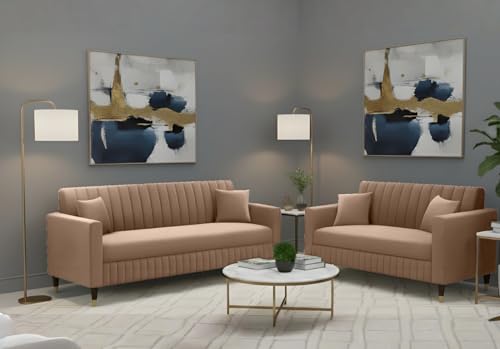 Image of AMATA Omega 3+2 Seater Camel Suede Velvet Fabric Sofa Set with Two Cushions Perfect for Home Office Guests Living Room (06 Camel, Omega 3+2 Seater Sofa)
