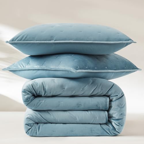 Image of Lush Decor - Quilt Set, 3-Piece Cozy Velvet Bedding with Matching Shams, Embroidered Stitch Design (Haven Blue, Full /Queen)