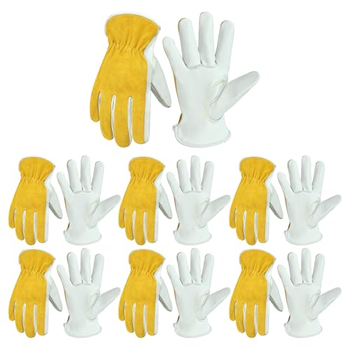 HANDLANDY Men Leather Gardening Gloves, Utility Work Gloves for Mechanics, Construction, Driver Beige-yellow (6 Pairs) Large