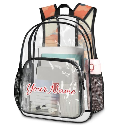 Personalized Large Clear Backpack Stadium Approved Heavy Duty PVC Plastic Custom Transparent Backpacks See Through Bag with Name, Ocean Beach Tropical Palm Leaves