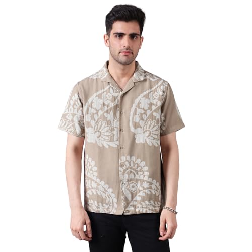 Image of Urban Scottish Men's Shirt Regular Fit Cotton Linen Jacquard, Half Sleeve Button Down Collared,Soft Breathable Fabric, Stylish Everyday Wear Casual Shirt for Men and Boys - Beige