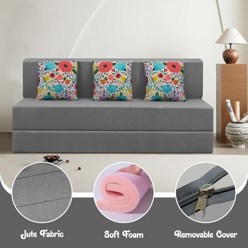 Image of Rosebell 3 Seater Foldable Sofa Cum Bed | 5x6 feet Jute Fabric with Washable Cover & 3 Printed Cushion | Multipurpose Sofa Bed for Living Room - Grey Color