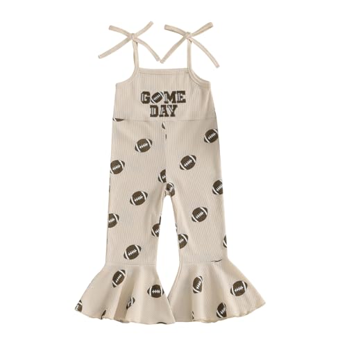 Toddler Baby Girl Football Outfit Bell Bottom Jumpsuit Bow Rugby Embroidery Romper Spaghetti Strap Overalls Cute Clothes