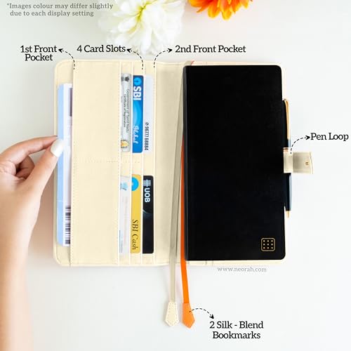 Image of NEORAH-PETITE Notebook SLEEVE with SNAP Button + Dotgrid JOURNAL|Faux Leather Sleeve + Penloop|2Front 1Back compartment|4 Card Slots|2 BookMarks|Gift Box- Fits any PETITE Softcover Notebook- AFTERGLOW