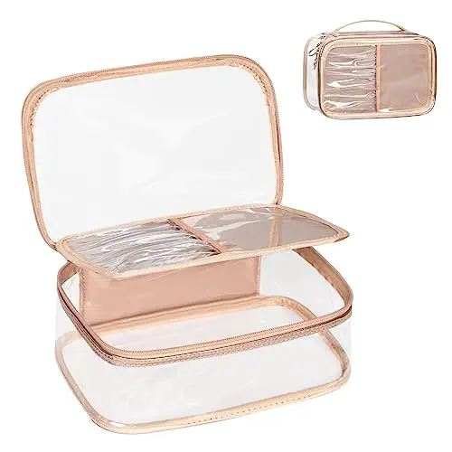 OCHEAL Clear Makeup Bag, Portable Makeup Organizer Cosmetic Bag, Travel Makeup Bag Cute Clear Pouch For Women and Girls Cosmetics Bags with Divider Makeup Brush Compartment-Rose Gold Large
