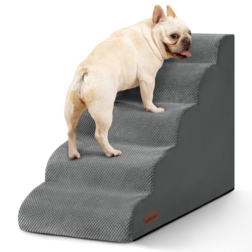 Image of Aodisman Dog Stairs for High Beds,5 Step Pet Ramp for Dogs and Cats,22.4 inch H | High-density foam dog steps for beds and window sills, with a non-slip bottom for puppy and older cat,comfortable,Grey