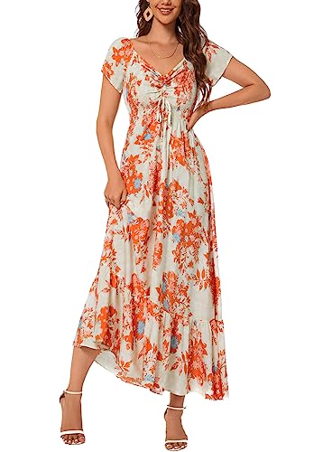 Image of Summer Smocked Boho Maxi Dress for Women 2026 Short Sleeve Floral Smocked Flowy Ruffled Beach Vacation Dresses Lightweight
