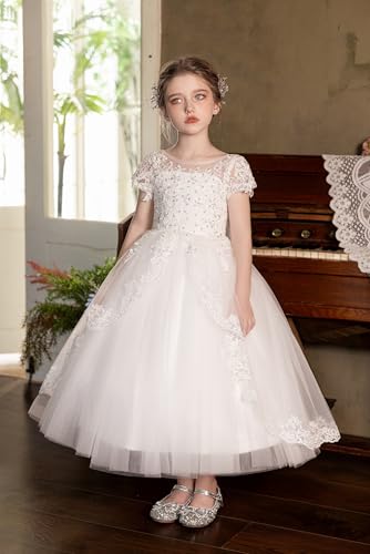 Ruffle Tulle Princess Pageant Dress Sparkly Sequin Flower Girl Dress Lace Applique First Communion with Bowtie2
