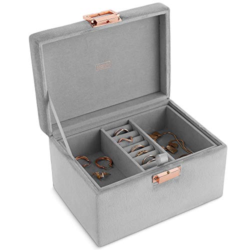 Beautify Jewellery Box, Grey Velvet 2 Tier Jewellery Organiser w/Ring Pad, Removable Tray, Multi-Purpose Space & Rose Gold Clasp, Stylish Dressing Table Storage Chest for Earrings, Rings, Necklaces