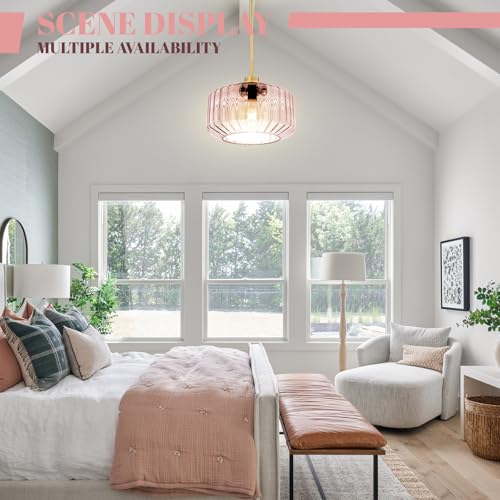 Image of Pendant Lights Gold Kitchen Island Pendant Light Fixtures 1 Light with Amber Glass Shade, Large Glass Chandelier Hanging Lights for Bedroom Living Dining Room (Pink)