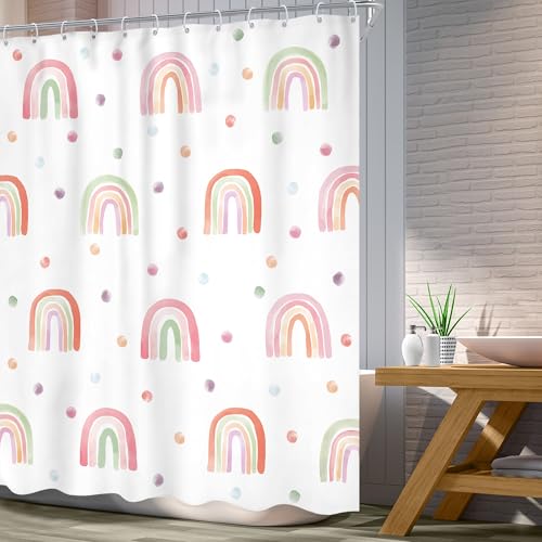 Image of Kids Rainbow Shower Curtain for Girls Cute Girly Polka Dot Shower Curtain | Toddler Nursery Child Bathroom Set Modern Minimalist Aesthetic Curtain Bathtub Accessories Decor 60Wx72L