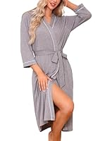 Wikoan Women's Dressing Gown, Lightweight Kimono Robe V Neck Long Bathrobe for Loungewear Sleepwear Nursing Pregnancy with Pockets,Grey,M