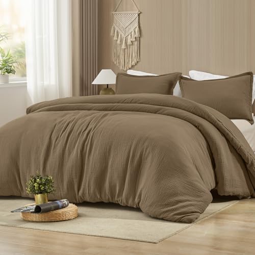 Image of PHF Cotton Muslin Comforter Set King - 100% Cotton Cover, Ultra Soft & Breathable, 3PCS Lightweight All-Season Bedding with Polyester Fill, 1 Comforter 104 inchx90 inch & 2 Pillow Shams 20 inchx36 inch, Mocha