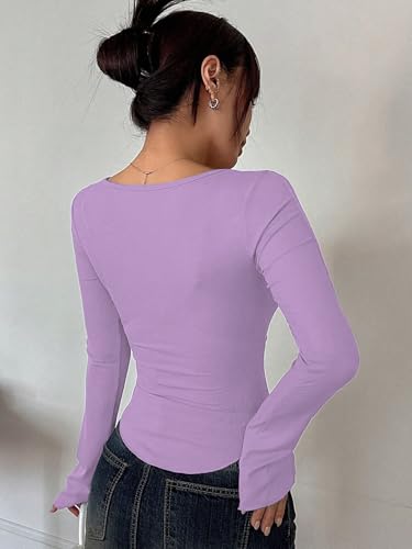 Image of Sugathari Women's Black Solid Long Sleeve Wrap-Style Square Split Crew Neck Bodycon Women T-Shirt Spring and Summer Top, Minimalist and Fashionable for Everyday Casual Wear Tops (T-Shirt 181)