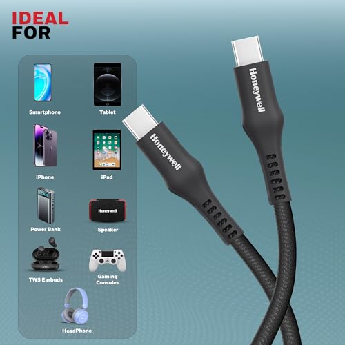 Image of Honeywell USB Type C to Type C Cable, 4 Feet (1.2M), PD 60W, QC 3.0, Fast Charging, Nylon Braided Cable for Apple Devices, Smartphones, Laptops, Power Banks, Tablets, Headphones, Speakers - Black