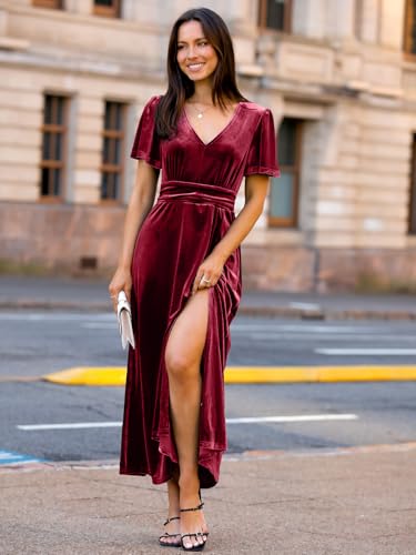 Image of Simplee Women's Velvet Maxi Dress V Neck Short Sleeve Empire Waist Semi Formal Long Cocktail Dresses
