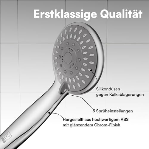 H&S Universal Duschkopf mit Hohem Wasserdruck - Duschbrause mit 5 Verstellbaren Modi - Leistungsstarke verchromte Regendusche in Groß - Handbrause für Badinstallationen