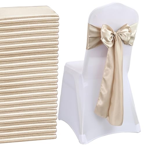 QeeFop 50 stuks champagne-gouden satijnen sjerpen, bruiloftsstoelstrik, elastische stoelsjerpen voor bruiloftsdecoratie, verjaardag, banket, feest, stoeldecoratie (champagne-goud)