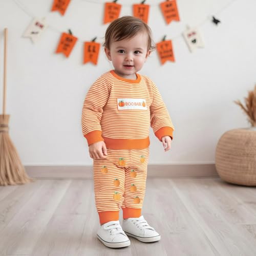 Toddler Boy Girl Halloween Outfit Boo Babe Stripe Waffle Sweatshirt Witch Hat/Pumpkin Sweatpants Newborn Fall Clothes3