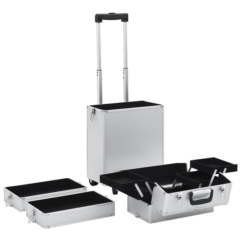 Kosmetikkoffer mit Rollen, Reise-Beauty-Case mit ausziehbaren Ablagen, Frisierkoffer Aluminium, 37 x 22 x 78 cm, Silber