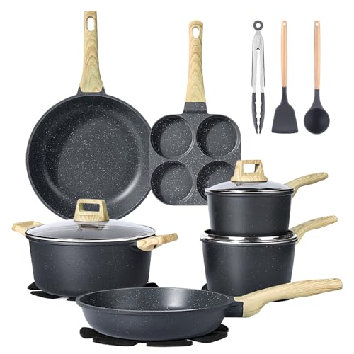 GiPP 17 PCS Set Di Pentole Da Cucina Da Con Coperchi, Pentole E Padelle Antiaderenti In Ceramica, Set Di Pentole Per Piani Cottura A Induzione, Compatibili Con Tutti I Piani Cottura, Grigio