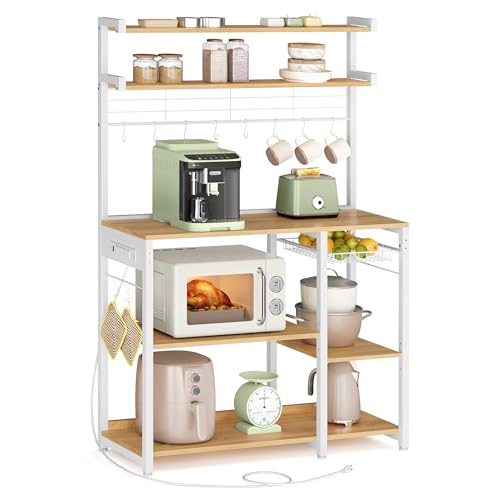 Image of VASAGLE Bakers Rack with Power Outlet, 35.4 Inches Microwave Stand, Coffee Bar, 4 AC Outlets, with Adjustable Shelves, 8 S-Hooks, Basket, Spice Racks, Golden Oak and Cloud White UKKS031Y09