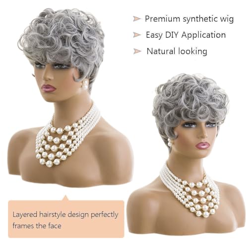 MOONSHOW Short Grey Wigs for Black Women Grey Pixie Cut Wig Short Gray Wigs for Blcak Women Synthetic Gray Curly Pixie Wig for Old Women