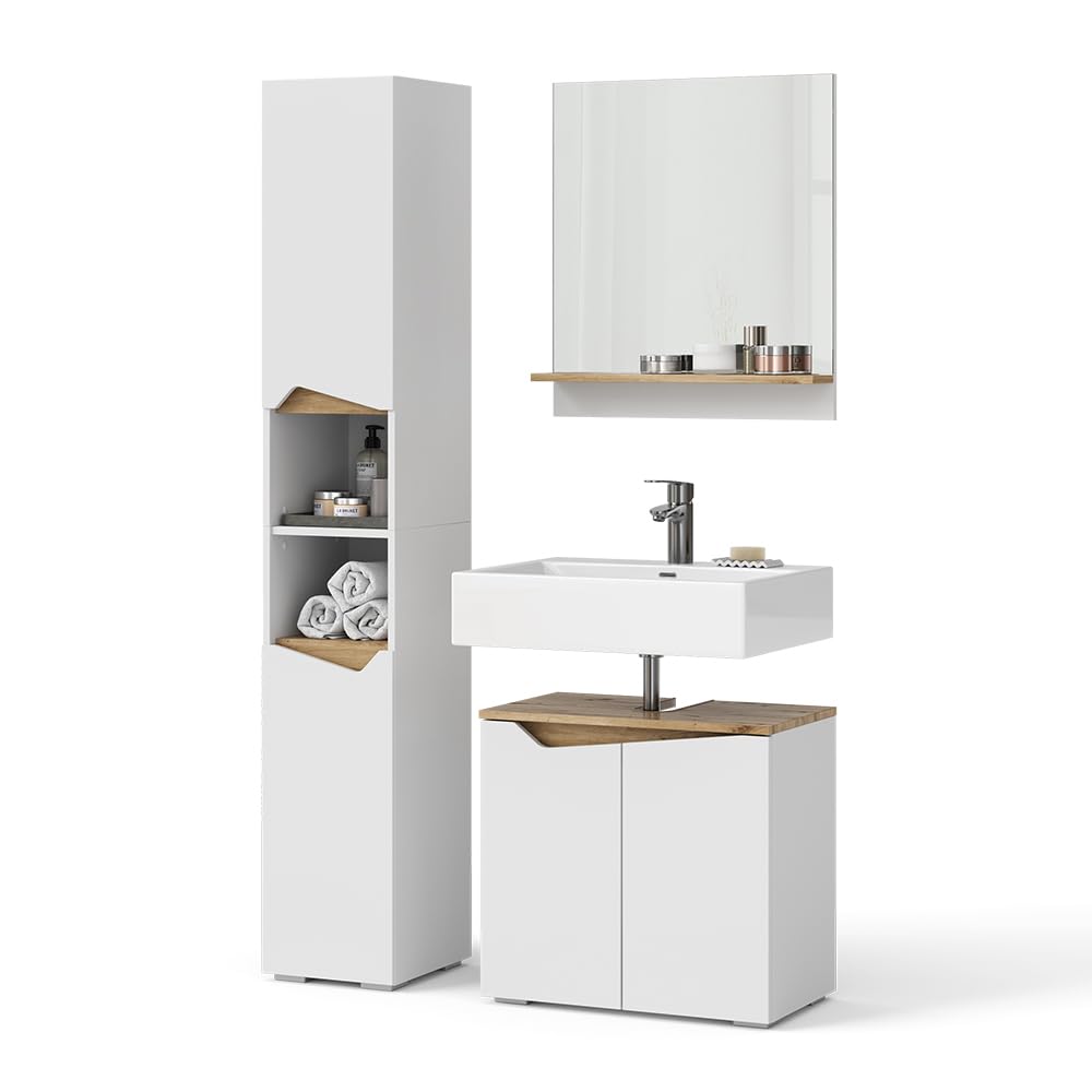 Vicco Meubles Bain Marelle, Blanc, 60 cm, composé d’Un Meuble sous-lavabo, d’Une Armoire Miroir et d’Une Colonne de Rangement