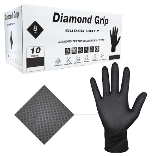 Heavy Duty Industrial Black Nitrile Gloves with Raised Diamond Texture, 8-mil, Latex Free, Powder Free (10, Large (Pack of 1000))