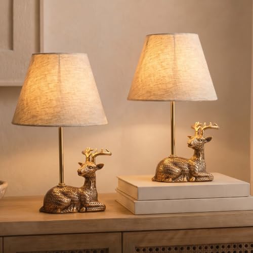 Image of BEHOMA Luxury Deer Figurine Table Lamp Set, Antique Gold - Set of 2 | Luxury Aluminium Deer table lamp in Antique Gold - as an accent lighting piece for living room - great wedding gift