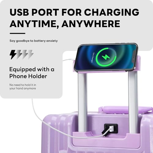 2-Pice Luggage Set 20/24, Aluminum Frame Luggage Set with Cup Holder & Charge,TSA Lock,Hardshell, Zipperless Design, Carry-On and Checked Luggage, Unisex (Model B – Light Purple, 20+24inch)4