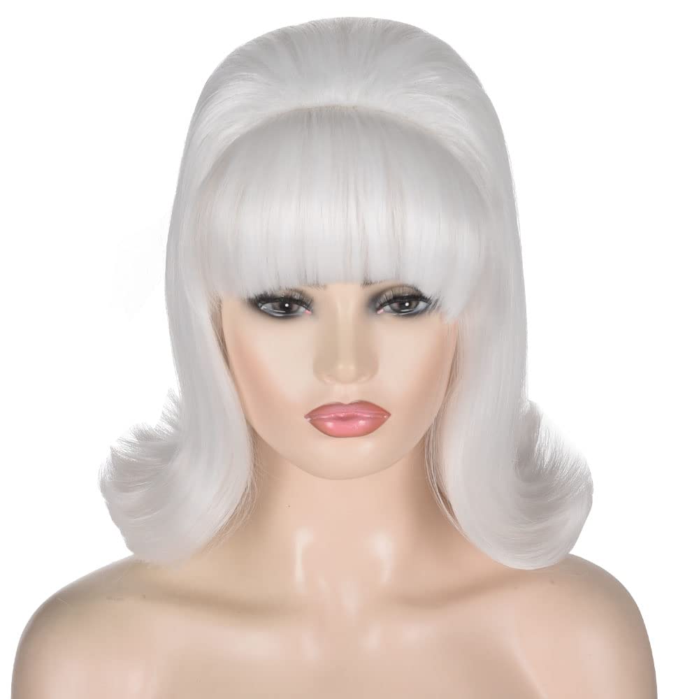 QACCF 70s Pinup Pelucas 60s Beehive Style Vintage Look Halloween Costume Women Wig wtih Bang (White)
