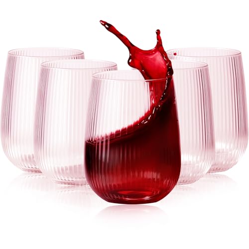 Image of Lueumxc 36 Pack 15Oz Pink Plastic Wine Glasses, Origami Ribbed Disposable Wine Glasses Unbreakable Clear Plastic Cocktail Glasses Recyclable Shatterproof Reusable Wine Cups