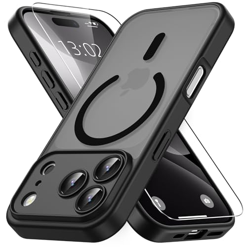 Vansdon Magnetisch für iPhone 17 Pro Hülle mit 1 Schutzglas, Kompatibel mit Magsafe, Fallschutz nach Militärstandard, Transluzente Matt Rückseite Stoßfeste Handyhülle für iPhone 17 Pro Hülle-Schwarz
