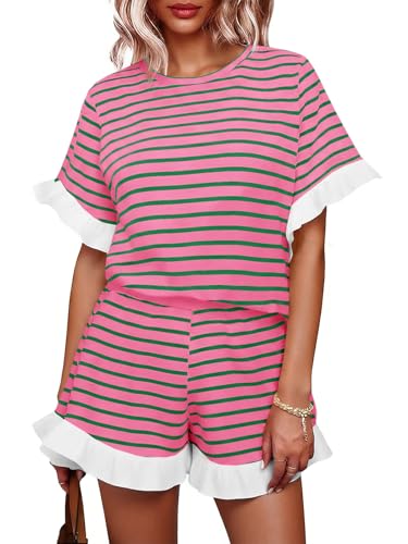 Image of Tankaneo Womens 2 Piece Striped Shorts Set Ruffle Short Sleeve Tops Hight Waist Shorts Matching Sets Summer Vacation Outfits