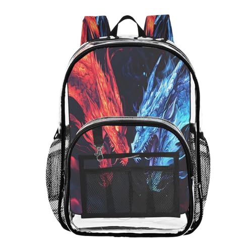 Two Dragon Head Clear Backpack Heavy Duty See Through Transparent PVC BookBag for Kids Boy Girl School Work