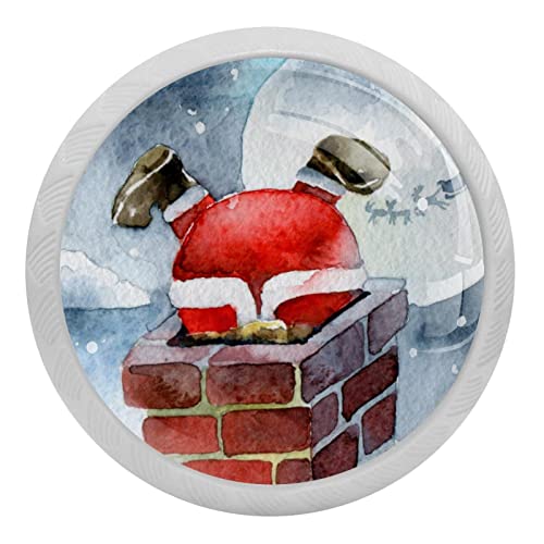 WALLDOR 4 PCS Santa Claus Climbing Chimney Crystal Glass Round Cabinet Knob Drawer Pull Handle Glowing in The Dark for Kitchen, Cupboard, Dresser, Wardrobe, etc