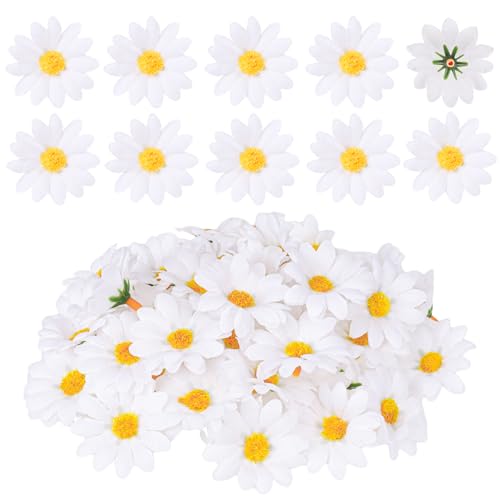 100Pcs Fabric Daisy Flower Head, 1.5 Inch Artificial Gerbera Daisy Artificial Chrysanthemum Flowers Heads, White Artificial Gerbera Fake Flowers Heads, Flowers Heads for Wedding Party and DIY Craft