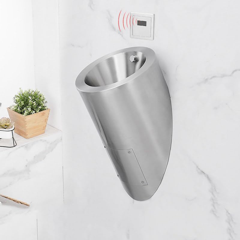 Wall Mounted Men's Urinal, Black/Gold/Sliver Small Vertical Drainage Public Toilet, Urinal + Sensor, 304 Stainless Steel Urinal, Washout Urina,Silver