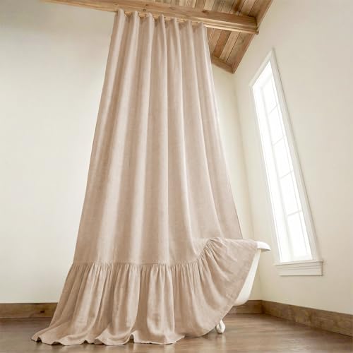 XOGUIBO Extra Long Shower Curtains 84 Inch Farmhouse with Ruffle Hem Linen Beige Shower Curtains for Bathroom Country Vintage Rustic Natural Fabric 72 W x 84 L