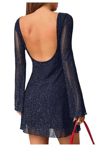 Image of Milumia Women's Sparkly Mesh Long Sleeve Short Dress Backless Glitter Mini Dresses