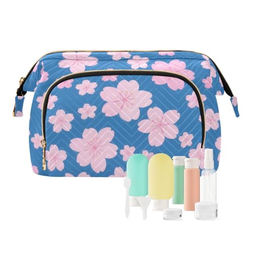 voucong Bolsa de maquillaje ligera para mujer, cartera para dinero en efectivo, bolsa de cosméticos de viaje, rosa, azul, flor de cerezo japonesa