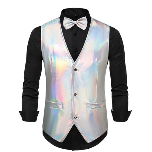 Men's V Neck Vest Top Shiny Metallic Waistcoat Button Down Holographic Jacket Sleeveless Gilet Pocket Party Cocktail