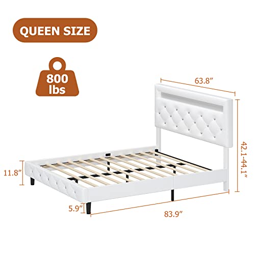 Modern Upholstered Platform Bed Frame With Led Headboard, Faux Leather Low Profile Platform Bed Frame, Strong Wood Slat Support, Adjustable Upholstered Headboard, Easy Assembly, White, Queen Size #TOP1