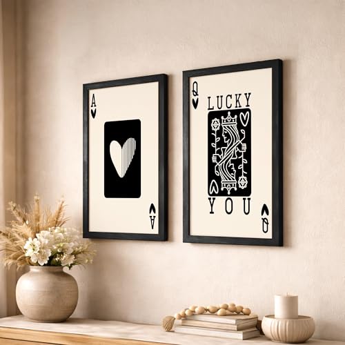 Image of NoWorries Typography Playing Cards Wall Art Framed Painting | Lucky Ace and Queen Heart Card Art Prints | Minimal Black & White Aesthetic Wall Decor | Premium 300 GSM Paper Print with Synthetic Wooden Frame | Modern Wall Art for Living Room, Bedroom & Office (Set of 2) (BLACK, ART-5, 13X19INCHES)
