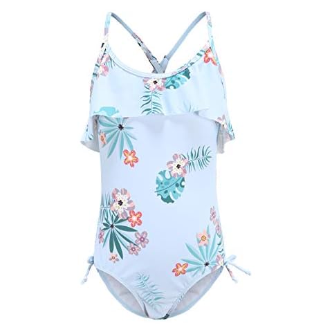 Girls One Piece Swimsuits Floral Bathing Suit for Kids Girls Hawaiian Ruffle Swimwear 3-16 Years, Light Blue Floral, 10-12 Years Cover