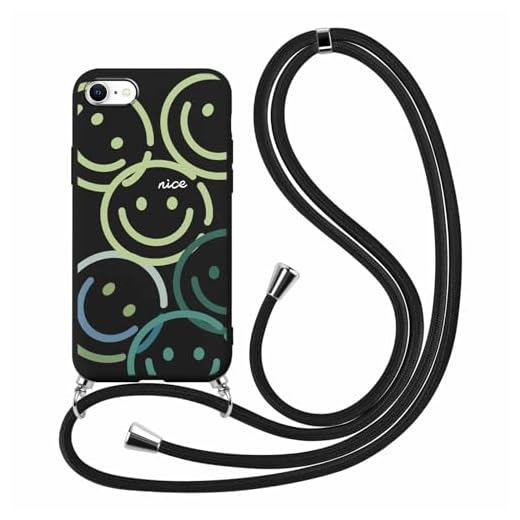 Xylota Handykette Handyhülle für iPhone 8/7/SE 2020/SE 2022 4,7" Hülle mit Band, Niedliches Muster Smiley Case mit Kordel zum Umhängen,Weich TPU Silikon Stoßfest Schutzhülle Cover für iPhone 7,Schwarz