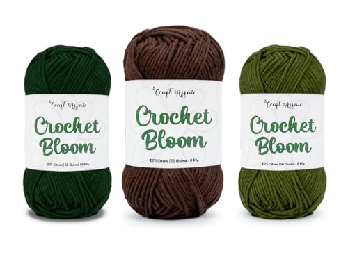 Image of Craft Affair | Crochet Bloom Cotton Yarn 8ply (Each Color 2mm, 77Meter, 50Gram) 100% Pure Cotton | for Knitting Yarn | Craft & DIY Project: Bottel, Coffee, Olive